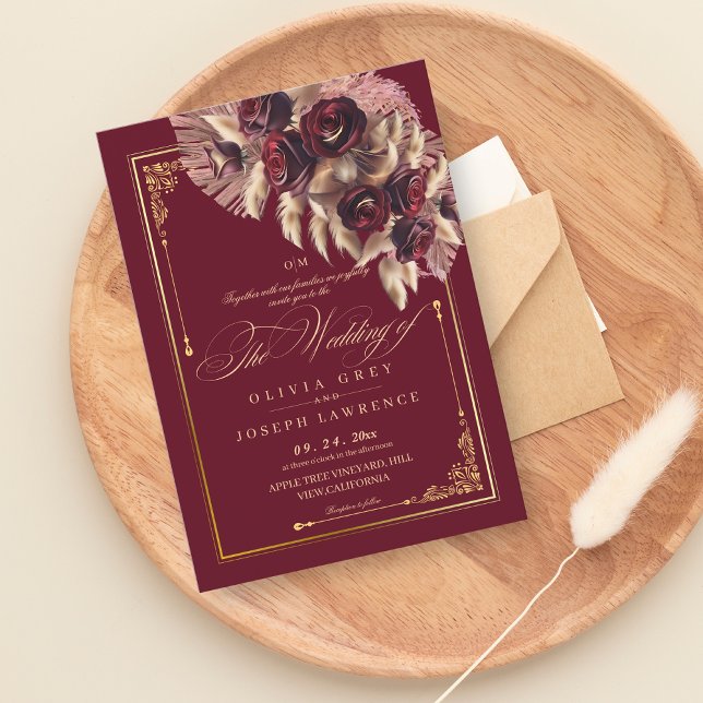 Burgundy Gold Floral Boho Rustic Wedding  Invitation (Creator Uploaded)