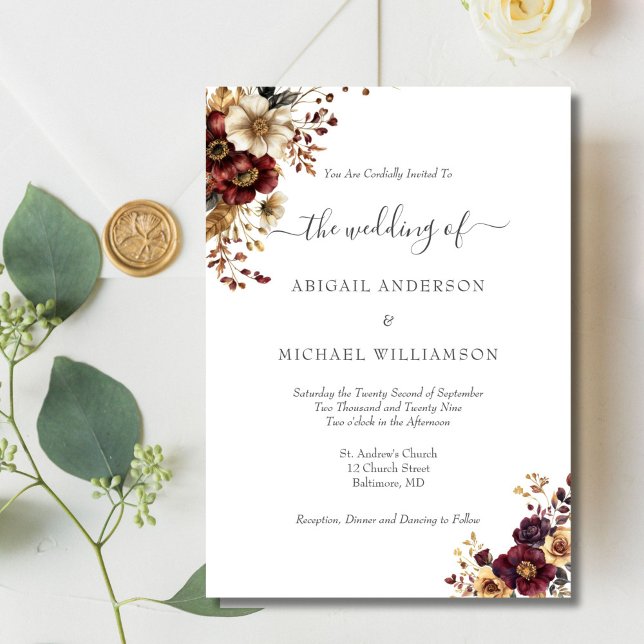 Burgundy Gold Floral Botanical Elegant Wedding Invitation (Burgundy gold watercolor floral elegant wedding invitation. Printed or Digital download)