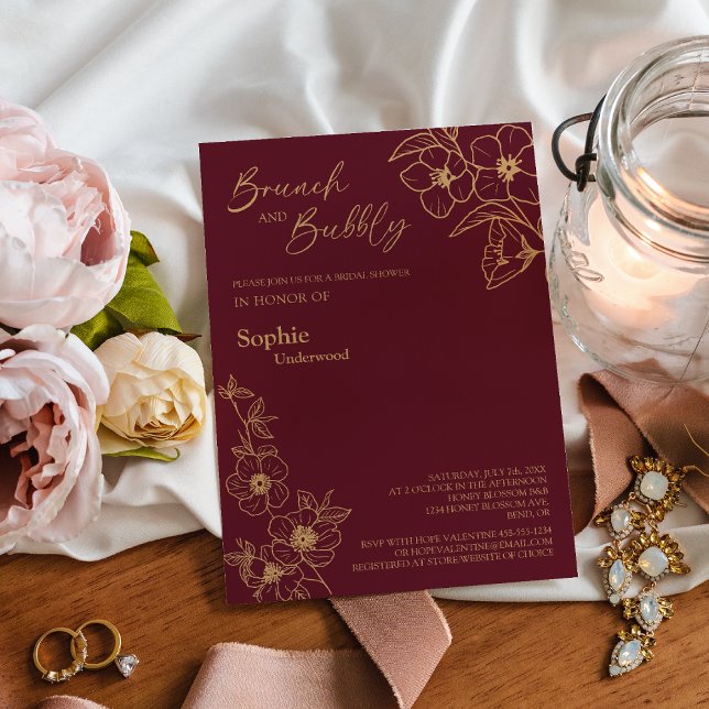 Burgundy Gold Floral Bridal Brunch And Bubbly Invitation (Creator Uploaded)