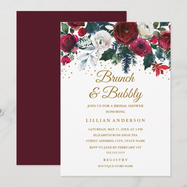 Burgundy Gold Floral Christmas Brunch And Bubbly Invitation (Front/Back)