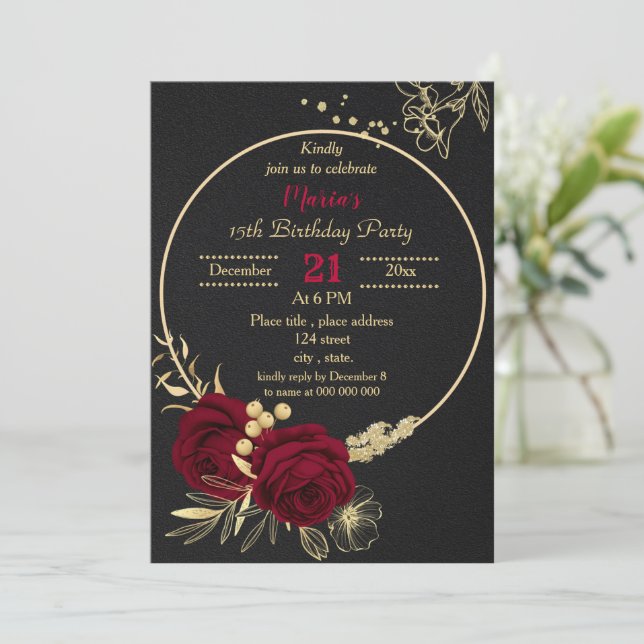burgundy gold floral circle black birthday party invitation (Standing Front)