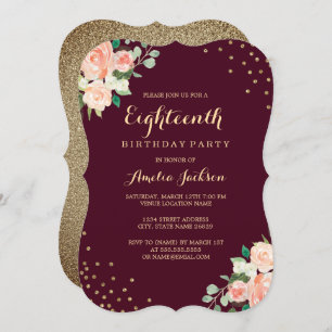 Burgundy Gold Floral Confetti 18th Birthday Party Invitation