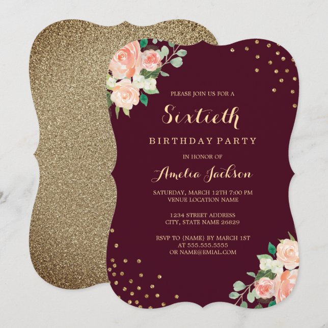 Burgundy Gold Floral Confetti 60th Birthday Party Invitation (Front/Back)
