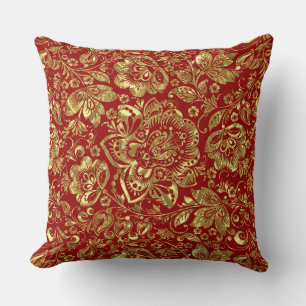 Burgundy & Gold Floral Damask Pattern Throw Pillow
