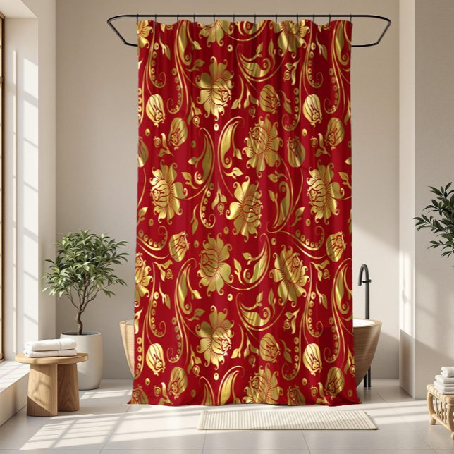 Burgundy & Gold Floral Damasks Pattern Shower Curtain (Creator Uploaded)