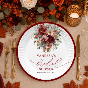 Burgundy Gold floral deep red bridal shower plates