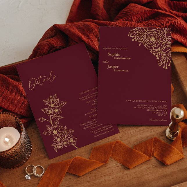 Burgundy Gold Floral Details All In One Wedding Invitation (Creator Uploaded)