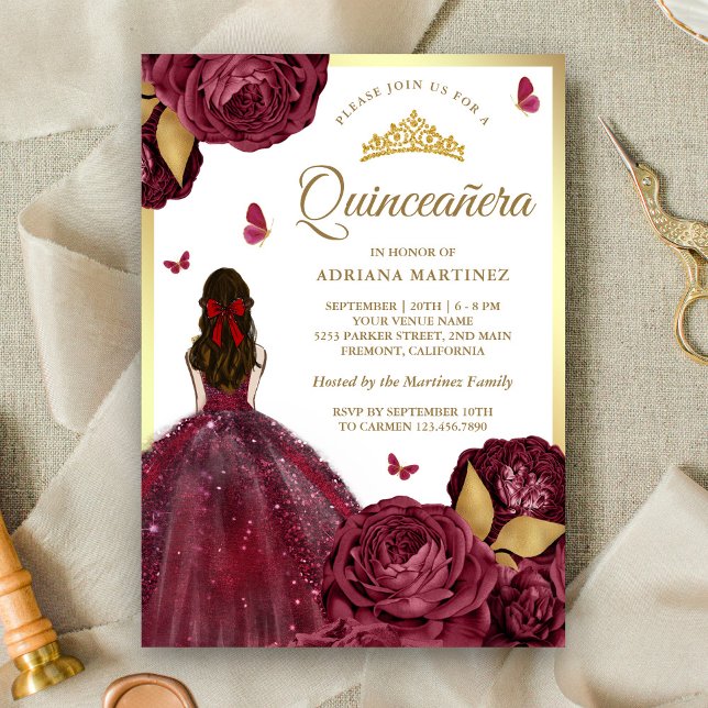 Burgundy Gold Floral Dress Butterfly Quinceanera Invitation (Creator Uploaded)