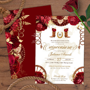 Burgundy & Gold Floral Elegant Charro Quinceañera Invitation