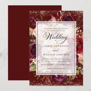 Burgundy Gold Floral Elegant Wedding  Invitation