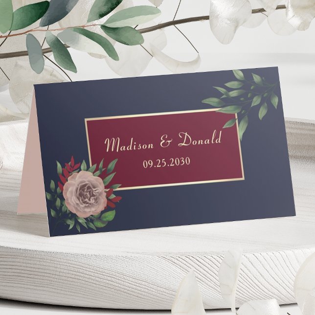 Burgundy Gold Floral Fall Wedding Place Card (Creator Uploaded)