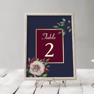 Burgundy Gold Floral Fall Wedding Table Number