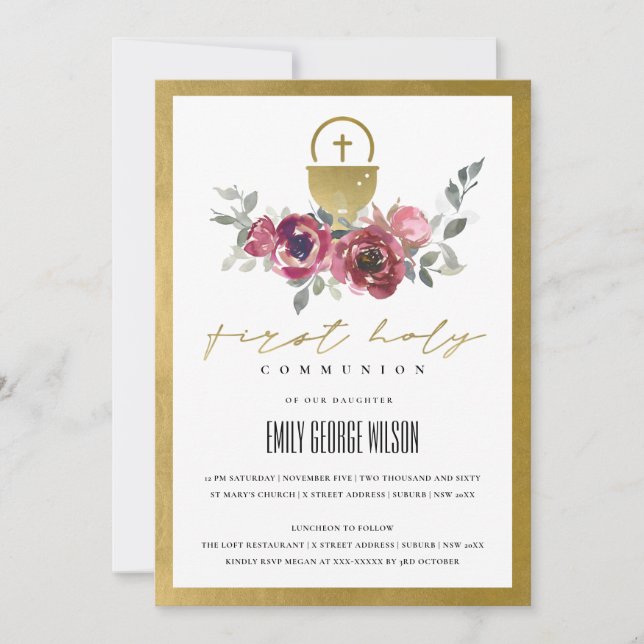 BURGUNDY GOLD FLORAL FIRST HOLY COMMUNION INVITE (Front)
