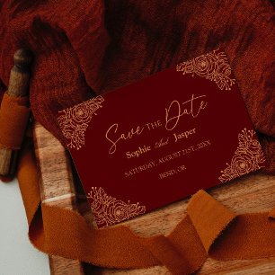 Burgundy Gold Floral Flat Save The Date Card
