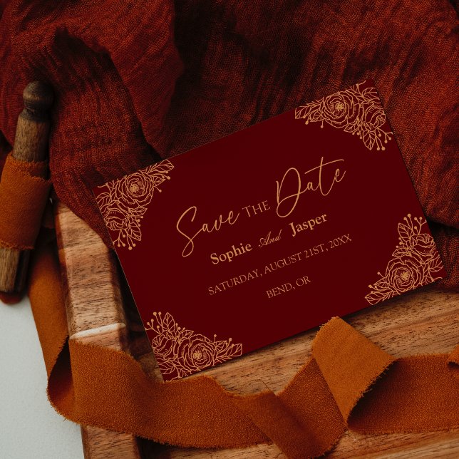 Burgundy Gold Floral Flat Save The Date Card (Creator Uploaded)