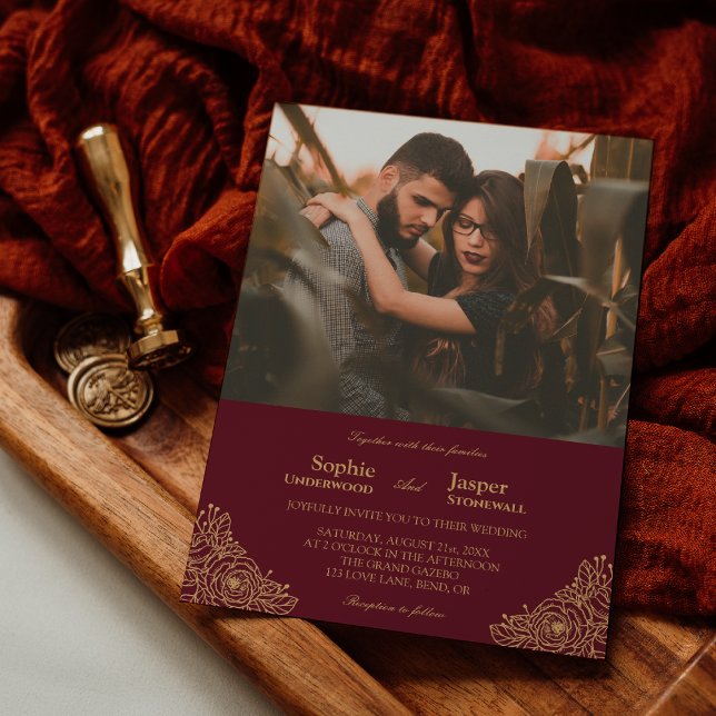 Burgundy Gold Floral Formal Photo Wedding Invitation (Creator Uploaded)