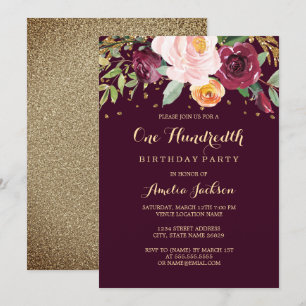 Burgundy Gold Floral Glitter 100th Birthday Party Invitation