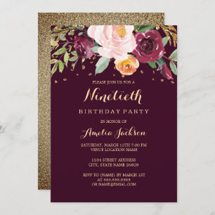 Burgundy Gold Floral Glitter 90th Birthday Party Invitation