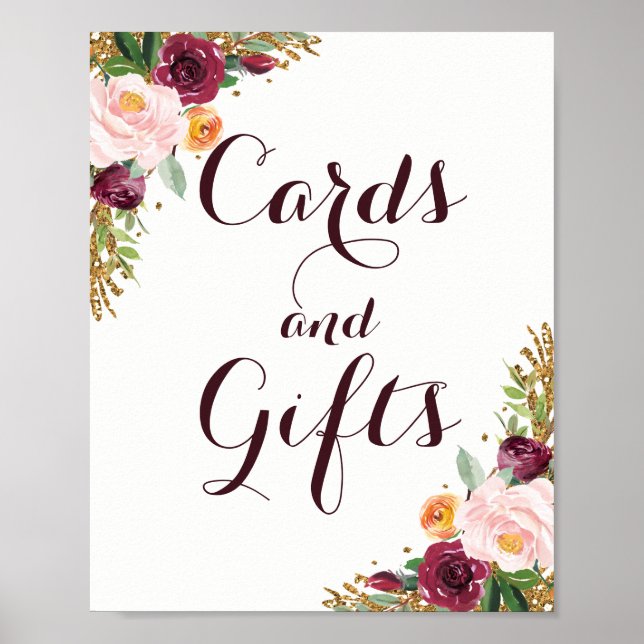 Burgundy Gold Floral Glitter Cards And Gifts Poster (Front)