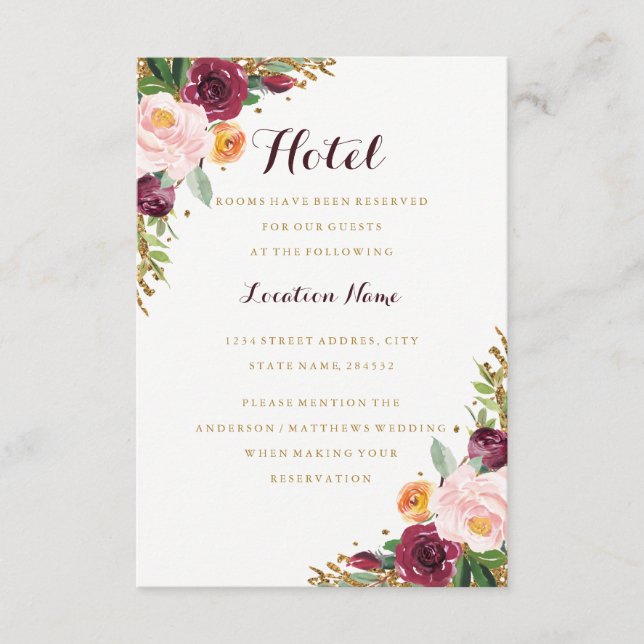 Burgundy Gold Floral Glitter Hotel Accommodation Enclosure Card (Front)