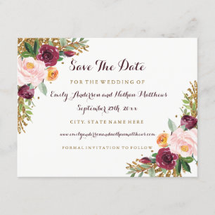 Burgundy Gold Floral Glitter Wedding Save The Date