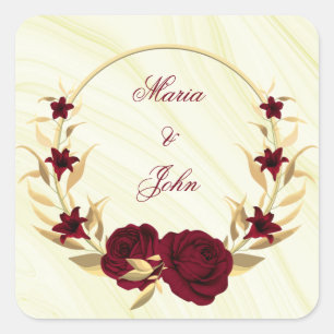 burgundy gold floral gold wreath square sticker