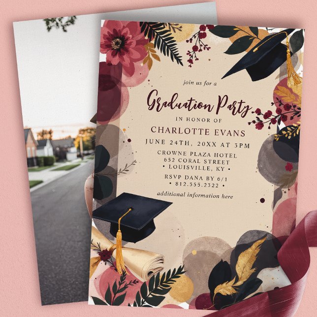 Burgundy Gold Floral Graduation Party Invitation (Creator Uploaded)