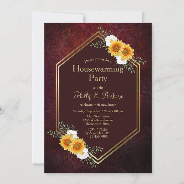 Burgundy Gold Floral Housewarming Party Invitation (Front)