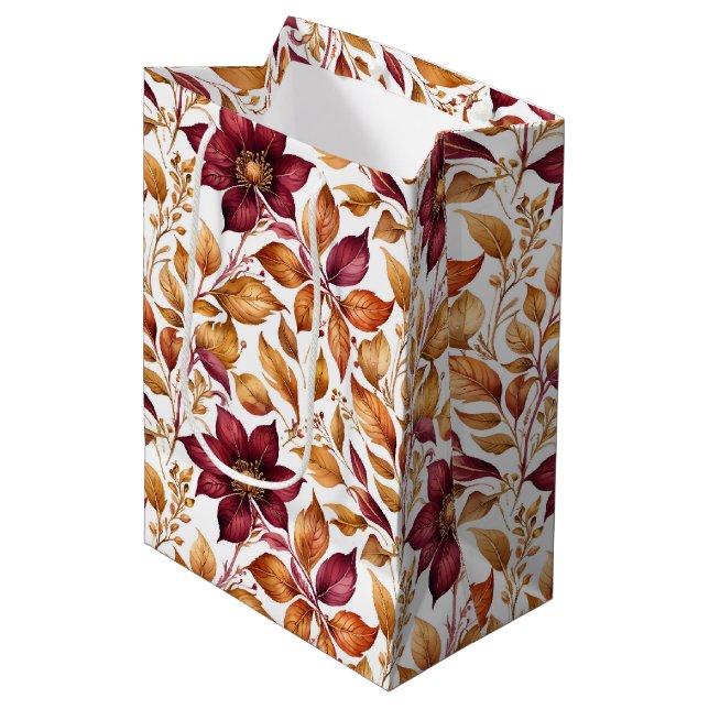 Burgundy & Gold Floral Leaf Pattern Medium Gift Bag (Front Angled)