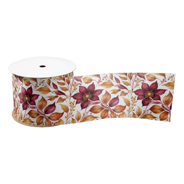 Burgundy & Gold Floral Leaf Pattern Satin Ribbon (Spool)