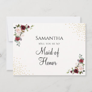 Burgundy Gold Floral Maid of Honour Proposal Card