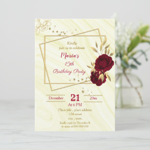 burgundy gold floral marble birthday party invitation