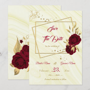 burgundy & gold floral marble geometric save the date