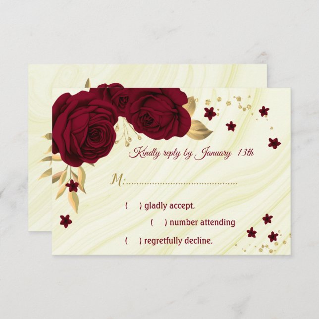 burgundy gold floral marble RSVP card (Front/Back)