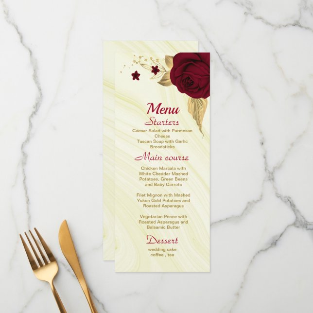 burgundy gold floral marble wedding menu (Front/Back In Situ)