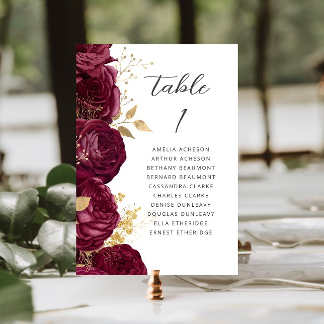 Burgundy Gold Floral Modern Script Wedding Table Number (Creator Uploaded)