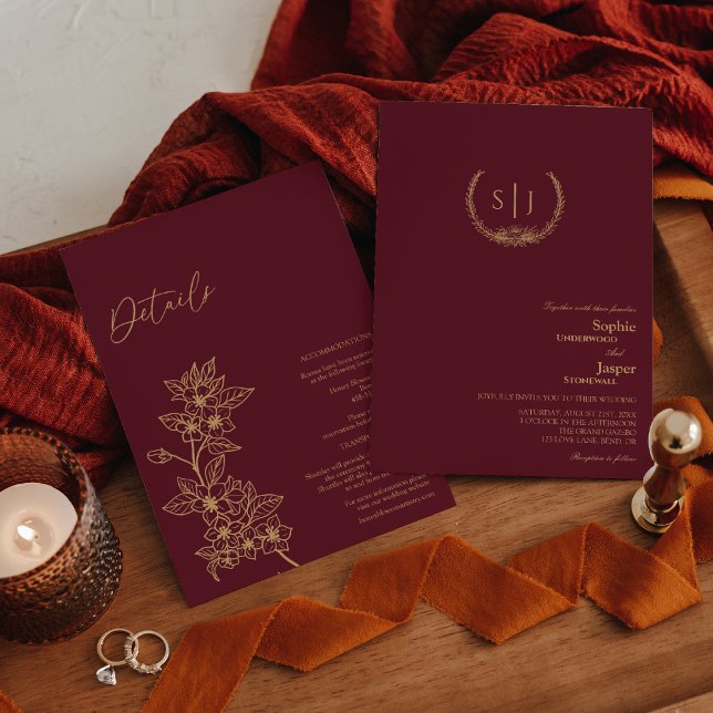 Burgundy Gold Floral Monogram All In One Wedding Invitation (Creator Uploaded)