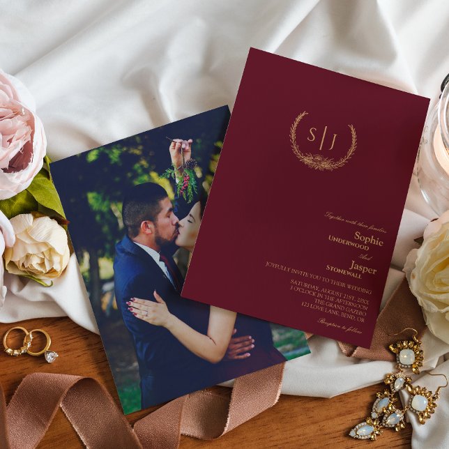 Burgundy Gold Floral Monogram Photo Wedding Invitation (Creator Uploaded)