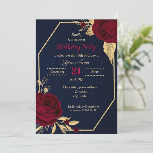 burgundy gold floral navy blue birthday party invitation (Standing Front)