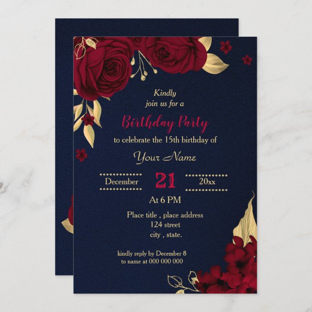 burgundy gold floral navy blue birthday party  invitation (Front/Back)