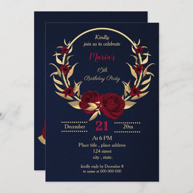 burgundy gold floral navy blue birthday Party Invitation (Front/Back)