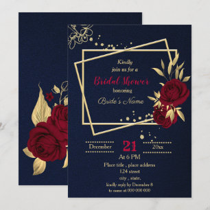burgundy gold floral navy blue bridal shower invitation