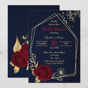 burgundy gold floral navy blue bridal shower invitation