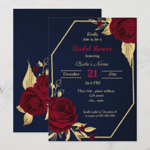 burgundy gold floral navy blue bridal shower invitation
