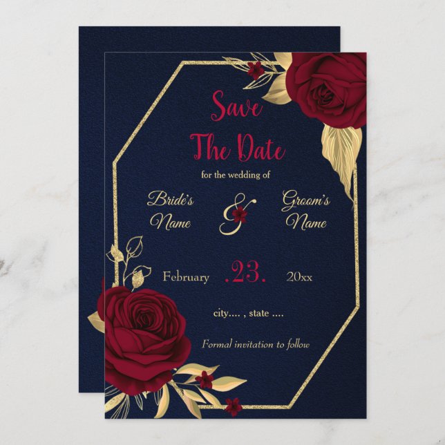 burgundy & gold floral navy blue geometric  save the date (Front/Back)