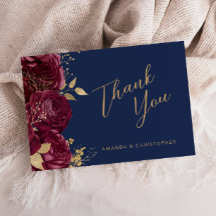 Burgundy Gold Floral Navy Blue Wedding Thank You Card