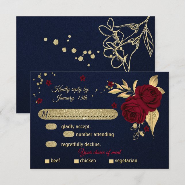 burgundy gold floral navy meal choice  RSVP card (Front/Back)
