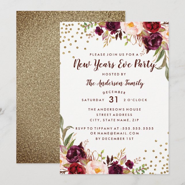 Burgundy Gold Floral New Years Eve Party Invite (Front/Back)