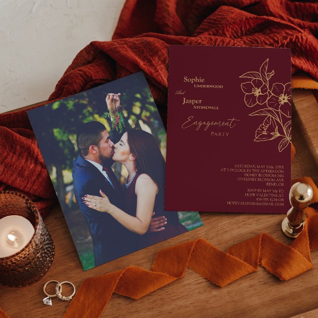 Burgundy Gold Floral Photo Engagement Party Invitation (Creator Uploaded)