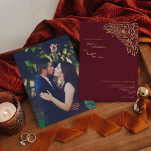 Burgundy Gold Floral Photo Wedding Invitation